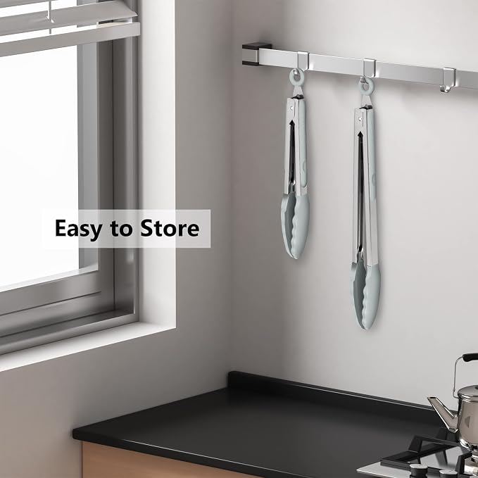 2 Pack Silicone Kitchen Tongs – 9" & 12" Set, Heat Resistant up to 500°F, Non‑Stick Cookware Safe, Wavy Silicone Tips, BPA Free, Locking Clip & Hanging Loop, Warm Grey