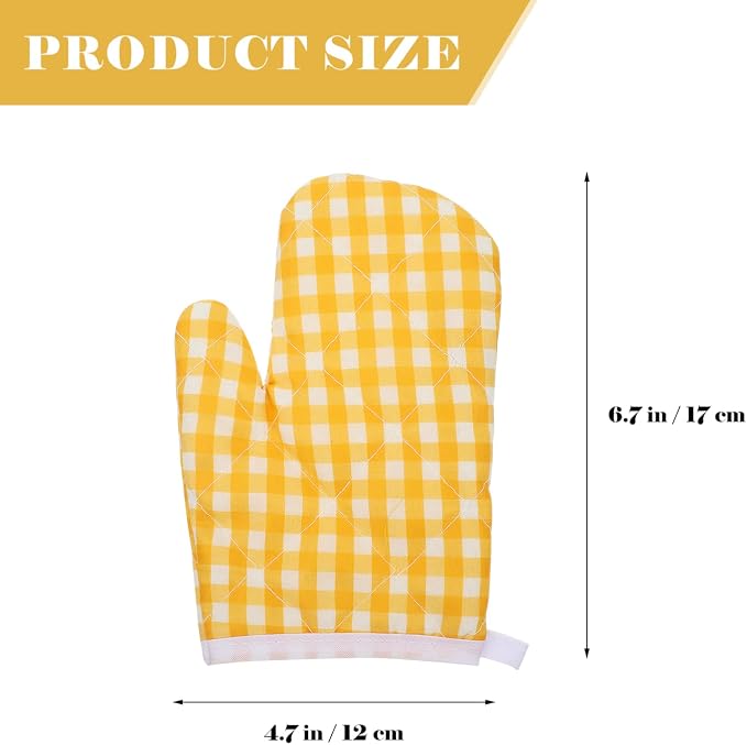 2Pcs Oven Mitts for Play Kitchen, Anti- Scald Gloves Microwave Oven Gloves Kitchen Mitts for Safe Baking Cooking (Yellow Checkered)