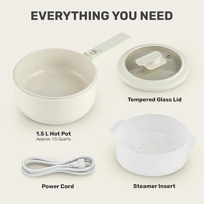 CERAMAX PRO 1.5L Electric Hot Pot with Lid & Steamer | Adjustable Temp, Non Toxic Ceramic Cooker Skillet for Ramen, Eggs, Pasta for Dorms, Camping, RV - New Improved 2026 Model