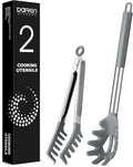 Spaghetti Spoon and Pasta Tong, Non-stick Silicone Spoon Server Fork With Teeth and Stainless Steel Handle, Food Clip for Noodles (Grey)