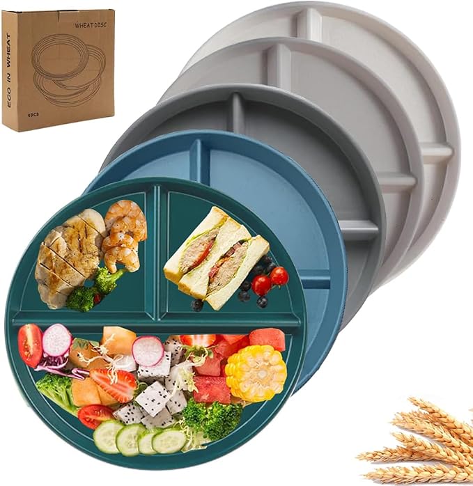 PUPOPIK 9" Unbreakable Divided Plates Set of 5, Wheat Straw Plate Reusable Dinnerware Portion Control Plate, Round Bariatric Plastic Plate for Kids Adults, BPA-free, Dishwasher Safe
