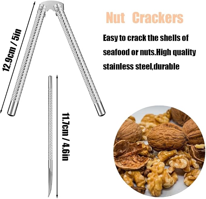 Nut Cracker 2Pcs and 4 Picks,Stainless Steel Nut Cracker Tool Set for Seafood Crackers Walnut(Silvery).