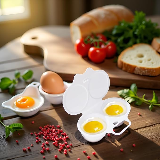 2-Cavity Nonstick Microwave Egg Poacher with Lid -White Plastic Egg Cooker for Perfect Poached Eggs
