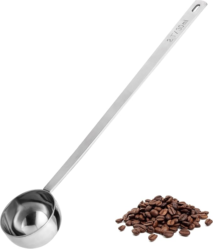 U-Taste Coffee Scoop 2 Tablespoon: 18/8 Stainless Steel Measuring Scooper for Ground Coffee, Bean, Powder, Espresso, 8.5in Extra Long Handle Metal Meaure Spoon for Canister, Jar (2Tbsp/30ml, Silver) | 18/8 Stainless Steel Tablespoon Scoop, Long Metal C...