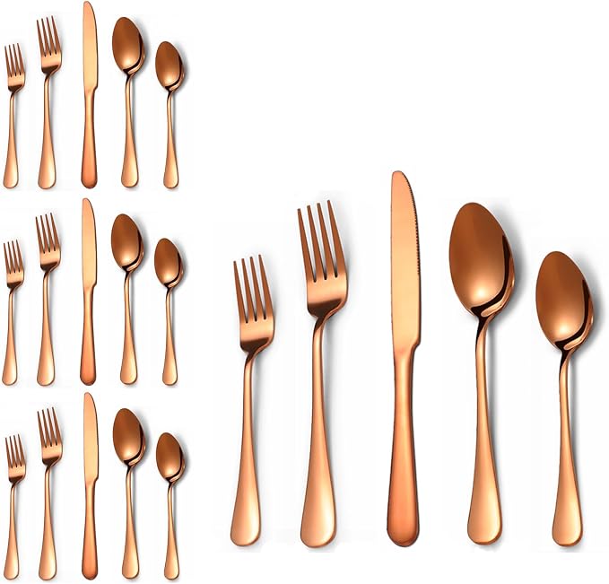 20 Pcs Rose Gold Silverware Set for 4, Food Grade Stainless Steel Flatware Set, Eating Utensils Sets Include Fork/Knife/Spoon, Reusable Cutlery Set for Home Kitchen, Dishwasher Safe, Round Edge
