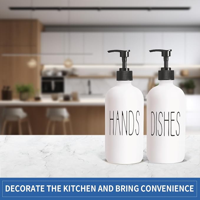 COHOSEGE 16 Oz Glass Soap Dispenser Set 2 Pack for Kitchen Sink,Contains Hand and Dish Soap Dispenser,White Kitchen Utensils