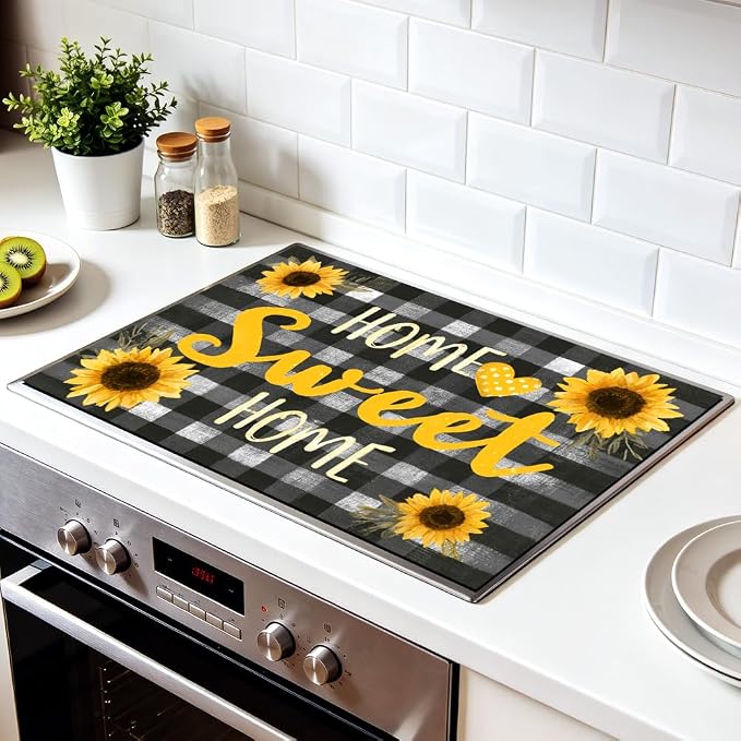 Sunflower Home Sweet Home Stove Top Cover, Buffalo Plaid, 28x20 in | Home Sweet Home sign with sunflowers on gray buffalo plaid; non-slip mat; protects glass and electric cooktops; 28x20 in