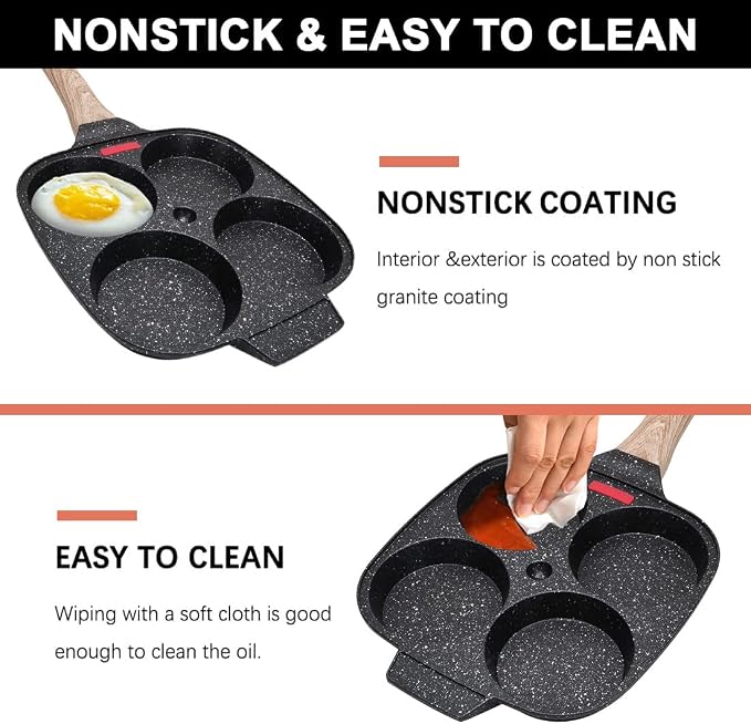 Fried Egg Pan, Nonstick 4 Cups Egg Frying Pan with Lid - Black | Pancake Pan Aluminium Alloy Cooker for Breakfast, Induction Compatible