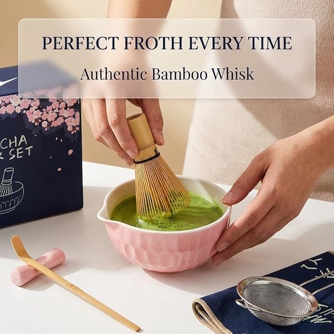 Matcha Whisk Set – Ceramic Matcha Bowl with Pour Spout, Bamboo Whisk, Whisk Holder, Scoop, Sifter – Japanese Matcha Kit for Beginners (Pink)
