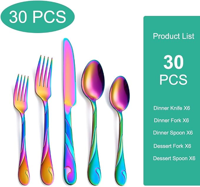 Rainbow Silverware Set, 30-Piece Stainless Steel, Service for 6 | Flatware set for 6 with dinner and salad forks, knives, spoons and teaspoons, dishwasher safe for parties and weddings