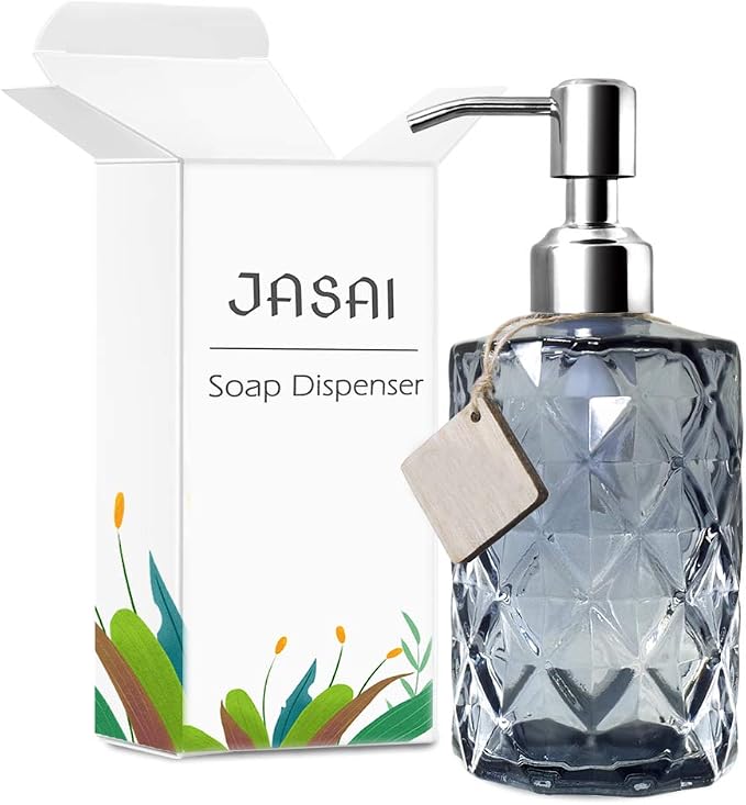 JASAI 12Oz Diamond Grey Glass Soap Dispenser with 304 Rust Proof Soap Pump | Dish Soap Dispenser with 304 Rust Proof for Kitchen, Bathroom Soap dispenser for Hand Soap, Liquid Soap