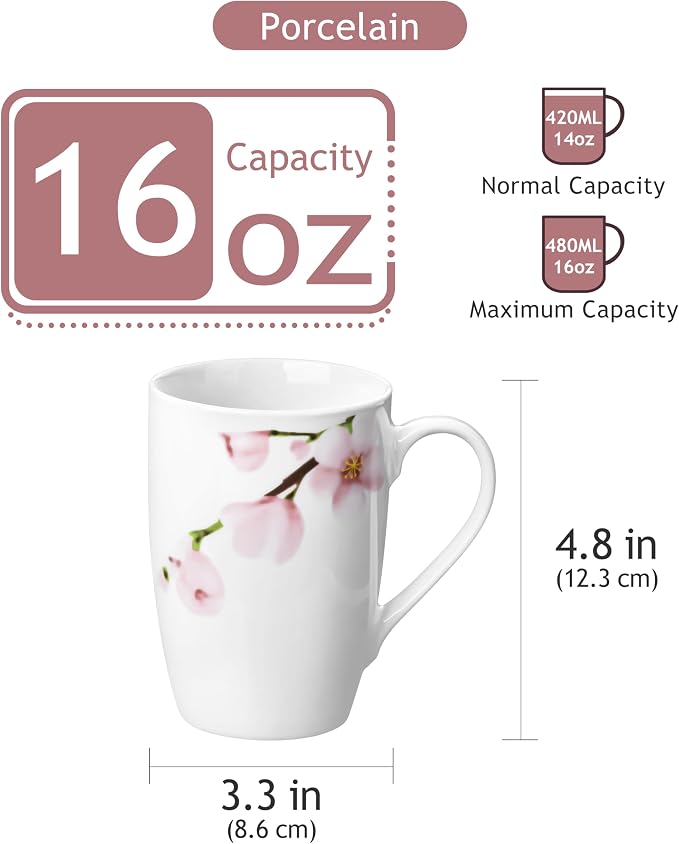 VEWEET Floral Coffee Mugs Set of 6, 16 OZ Large Handle Ceramic Mugs, ANNIE | Floral Coffee Mugs Set of 6 with Large Handle, Microwave and Dishwasher Safe, Ideal for Tea, Coffee, and Hot Cocoa