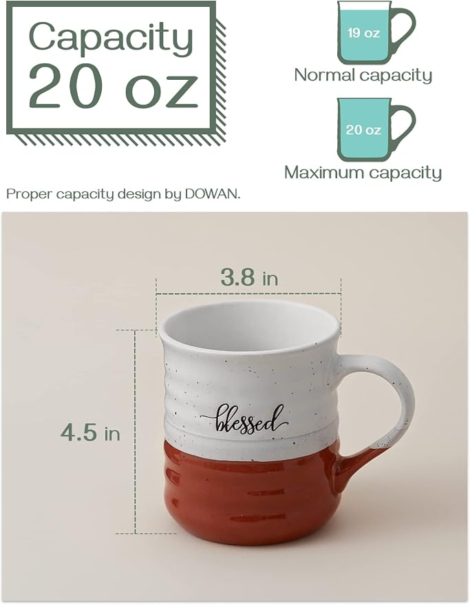 DOWAN 18 oz Large Coffee Mugs, Ceramic Mug Set with Word Blessed Grateful, Big Tea Cup for Office & Home, Thank You Gift for Women Men Mom Dad Christian, 2 Pcs
