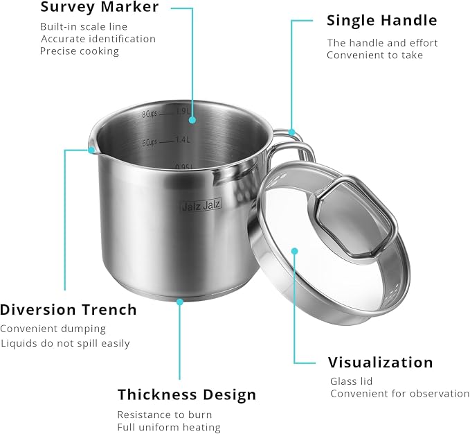 JALZ JALZ 2 Qt Stainless Steel Saucepan with Glass Lid for Induction, Boiling Egg