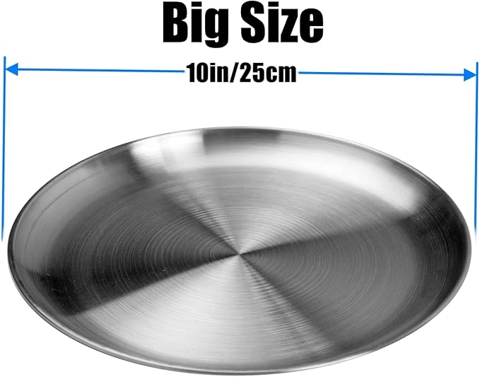 CAMBUY Stainless Steel Plates 10 inch 4 Pcs Metal Dinner Dishes Plate Set | Reusable Unbreakable Lightweight Non-Toxin Dishwasher Safe BPA Free Dish Set for Home Kitchen BBQ Restaurant Outdoor Camping