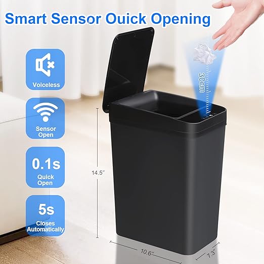 Anborry Bathroom Automatic Trash Can 4 Gallon Touchless Motion Sensor Small Garbage Can with Lid Smart Electric Plastic Narrow Garbage Bin for Living Room Bedroom Office Kitchen (Black)