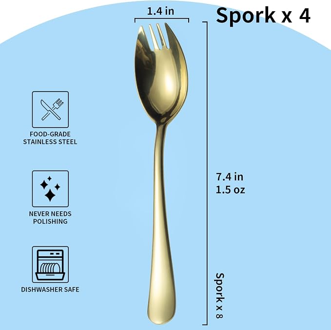 Alata Champagne Gold Mirror Sporks 4-Pack Set Stainless Steel Sporks, 7.4 Inches Long Handle Salad Forks For Dessert, Ice Cream, Salad, Soup, Noodle, Spaghetti, Dishwasher Safe
