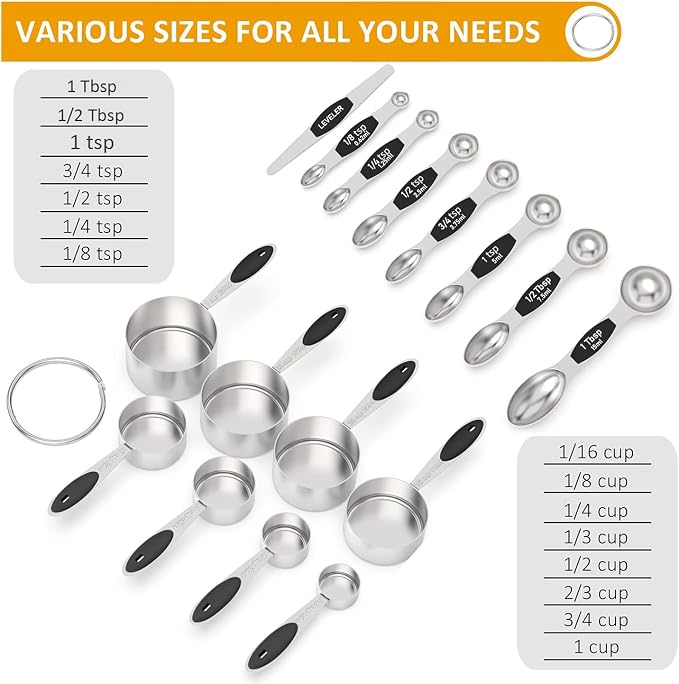 Wildone Measuring Cups and Magnetic Measuring Spoons Set, 16Pcs | 8 Stainless Measuring Cups, 7 Double-sided Magnetic Measuring Spoons & leveler for Spice Jar and Liquid Measuring, Black