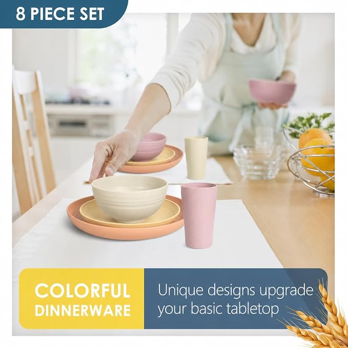 Teivio 32-Piece Plates and Bowls Sets for 8, Pink Ombre Dinnerware Sets | 13.5oz Cups, Plastic Wheat Straw Unbreakable Dish Set, Dishwasher Safe, for Outdoor Camping RV Apartment Essentials Plate Set
