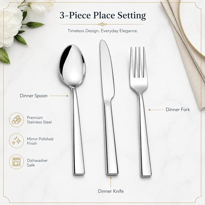 12-Piece Stainless Steel Silverware Set for 4, Mirror Polished Flatware Set Includes 4 Dinner Knives, 4 Dinner Forks & 4 Dinner Spoons, Dishwasher Safe Cutlery Set for Home Kitchen Restaurant