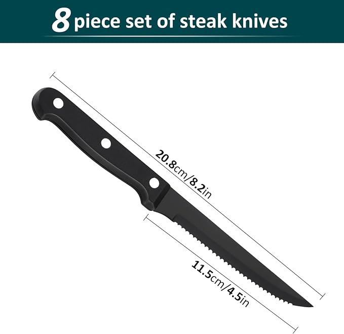 Steak Knife Sets, SANLUNS Kitchen Chef Knife Set & Serrated Knives of 8 - Professional Design Collection - Razor-Sharp High Carbon Stainless Steel Dinner Knives with Ergonomic Handles (8 Pcs - Black)