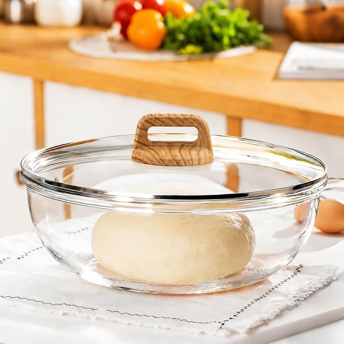 Large Glass Bowl for Sourdough Bread Making 6 QT Glass Mixing Bowl with Lid and Walnut Wood-Look Solid Bakelite Handle Clear Sourdough Bread Proofing Bowl with Cover Ideal for Baking