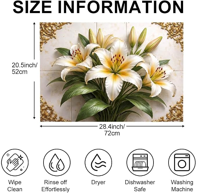 White Lily Bouquet Gold Baroque Stove Top Cover 28.35x20.47in | White lily bouquet gold baroque stove top cover 28.35x20.47 in; elegant floral cooktop mat dishwasher safe machine washable