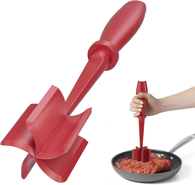 Meat Chopper, Upgrade Hamburger Smasher, Premium Heat Resistant Meat Masher for Ground Beef, Ground Turkey and More, Non Stick Mix Grinder-Red | Heat Resistant, 5 Nylon Blade, Burger Grinder Potato Mix Tool, Meat & Poultry Tenderizers, Dishwasher Safe,...