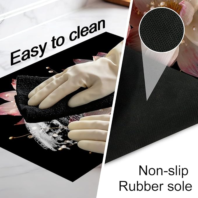 Pink Pearl Lotus Flower Black Stove Top Cover 28.35x20.47in Glam | Pink pearl lotus flower black stove top cover 28.35x20.47 in; modern glam cooktop mat dishwasher safe machine washable