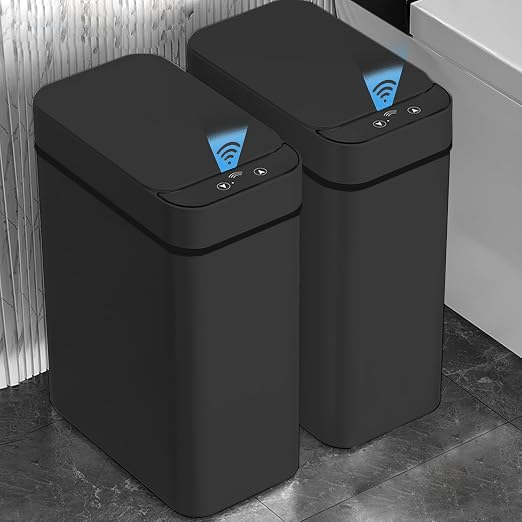 2 PACK - Touchless Bathroom Trash Can - Skinny Motion Sensor Trash Bin | Smart Trash Can with Lid - Electric, Narrow, Plastic, Auto Open - Small Slim Automatic Garbage Can ( Black )