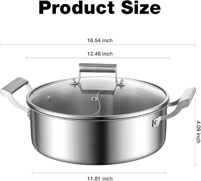 Delarlo 6.8QT Tri-Ply Stainless Steel Double-flavor Shabu Shabu Pot 12 inch Everyday Pan with Lid, Kitchen Induction,Cooking Hot Pot, Oven Safe Stock Pot, Up to 600℉