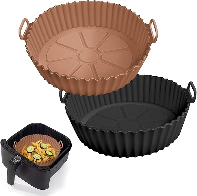 2 Pack Air Fryer Silicone Liners for 5 QT or Bigger,Silicone Air Fryer Liners Inserts,Replacement of Flammable Parchment Paper,Reusable Baking Tray Oven Accessories,Brown+Blk(Top8.66in, Bottom7.48in)