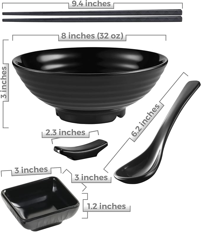 Unbreakable Ramen Bowl Set with Chopsticks and Spoon: 2 large Japanese Style Melamine Ramen Bowls, Dipping Bowls and Chopstick Stands for Asian Pho Soup Thai Miso Udon Wonton (2 Bowl Set, Black)