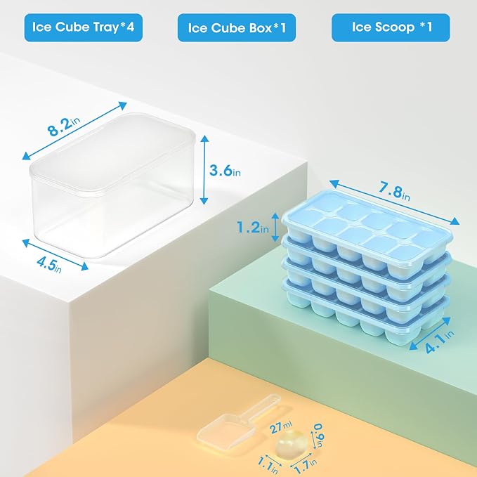 DOQAUS Ice Cube Tray with Lid and Bin,4 Pack Ice Cube Trays for Freezer | Silicone, Stackable. Easy Release Trays with Storage Bin & Scoop. Ideal for Freezer, Kitchen, RV, Cocktail, Coffee.
