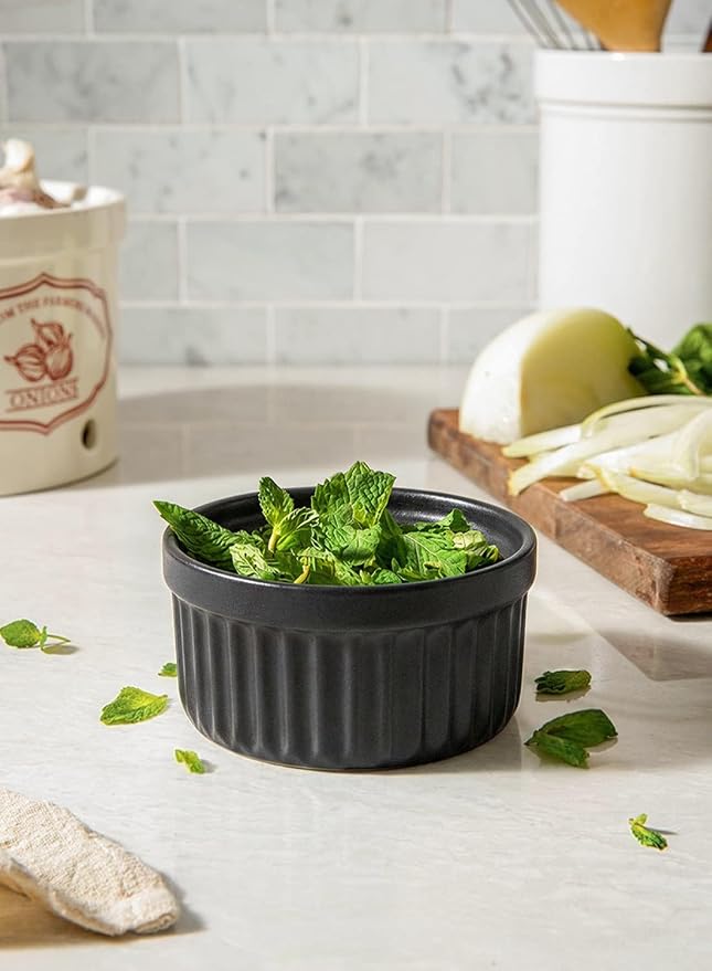 LE TAUCI Ramekins 8 OZ Oven Safe, Creme Brulee Ramekins, Pudding Custard Cups Souffle Ramiken, Dipping Sauce Dishes, Ceramic Ramekin Bowls Set of 6, Crude Black