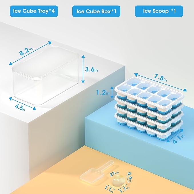 DOQAUS Ice Cube Tray with Lid and Bin,4 Pack Ice Cube Trays for Freezer | Silicone, Stackable. Easy Release Trays with Storage Bin & Scoop. Ideal for Freezer, Kitchen, RV, Cocktail, Coffee.