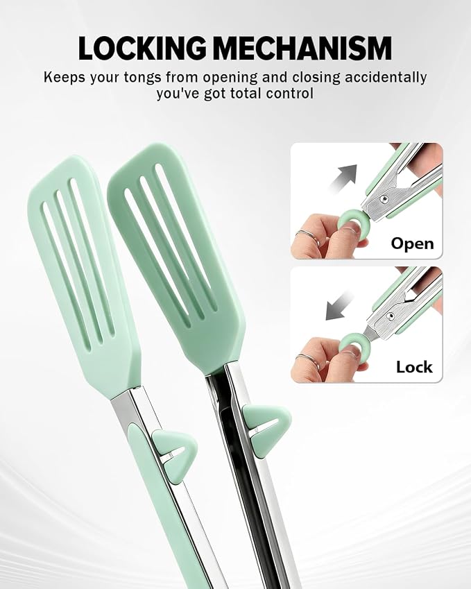 Kitchen Tongs for Cooking, Non Scratch Silicone Tip for Nonstick Cooking Pans, Food Grade Mini Serving Tongs, Pull Lock, Set of 3 (Green, 9 inch)
