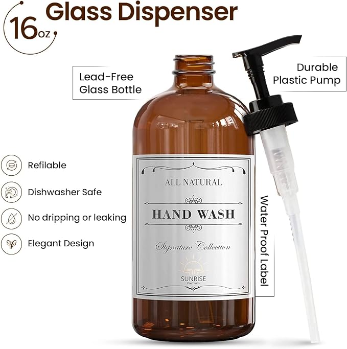 Amber Glass Soap Dispenser with Pump, 16 oz | Amber Glass, Soap Dispenser Pump Hand and Dish,Bathroom and Kitchen Sink use ,6 waterproof (Pack of 2)