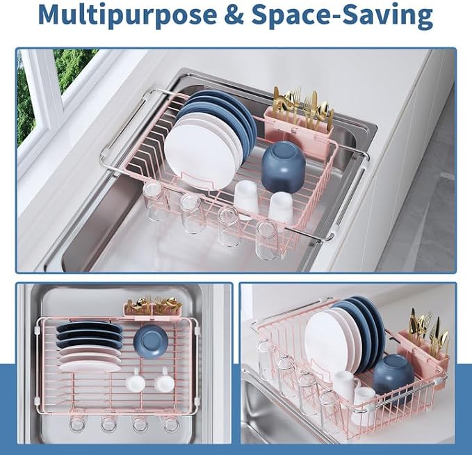 JASIWAY Pink Dish Drying Rack in Sink, Dish Drainer with Utensil Holder | Over The Sink Expandable Stainless Steel Strainer Dryer Rack for Small Kitchen, Counter Space Saving, Fast Drain, Rustproof