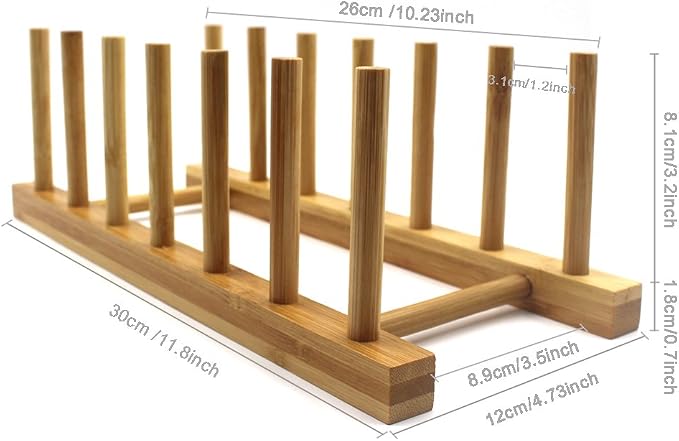 Bamboo Wooden Plate Racks Dish display Holder Kitchen Storage, Pack of 4 | Cabinet Organizer for Dish / Plate / Bowl / Cup / Pot Lid / Cutting Board/ Book (vertical)