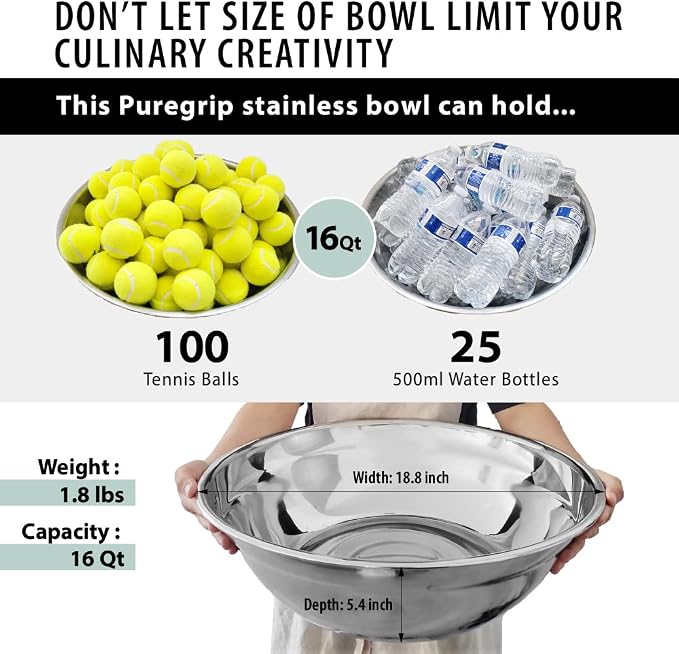 Oversized All-Purpose Stainless Steel Bowl for Home & Commercial, 16 Qt, 15 L, Made in Korea, Premium Stainless Steel, No Dulling & Rusting, For Prepping, Baking, Mixing, Marinating & Brining Kimchi