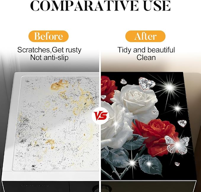 Rose Butterfly Washer Dryer Top Cover Mat 28.35x20.47 in | Heat Resistant Cooktop Protector Mat with Non-Slip Backing, Scratch Protection and Countertop Drying Mat.