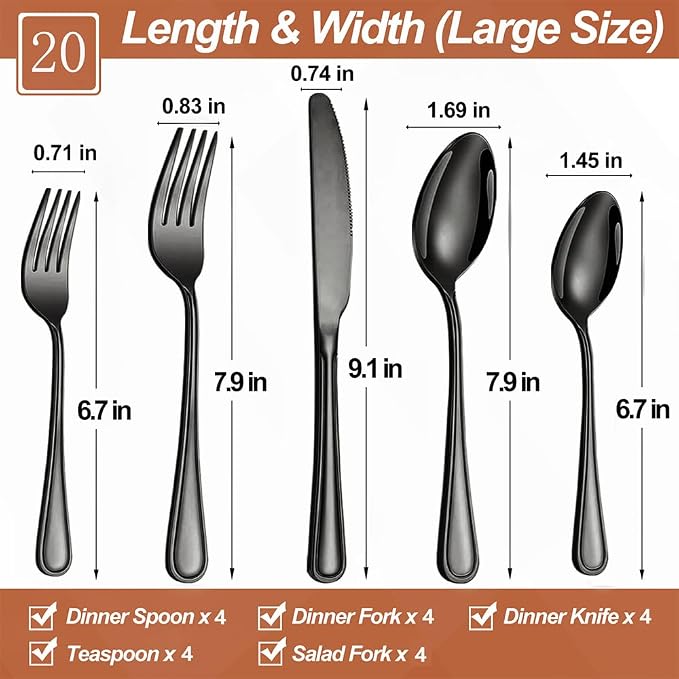 Silverware Set,20-Piece Stainless Steel Flatware Set for 4 | Food-Grade Stainless Steel Cutlery Set,Dishwasher Safe,Mirror Finished Utensil Sets for Home Restaurant,Double-Stripe,Black