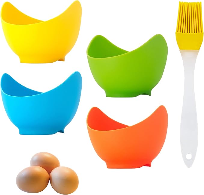 4 Pack Egg Poacher, BPA Free Silicone Egg Poachers, Egg Cups for Air Fryer, Thickened Stable Egg Cooker with Extra Oil Brush