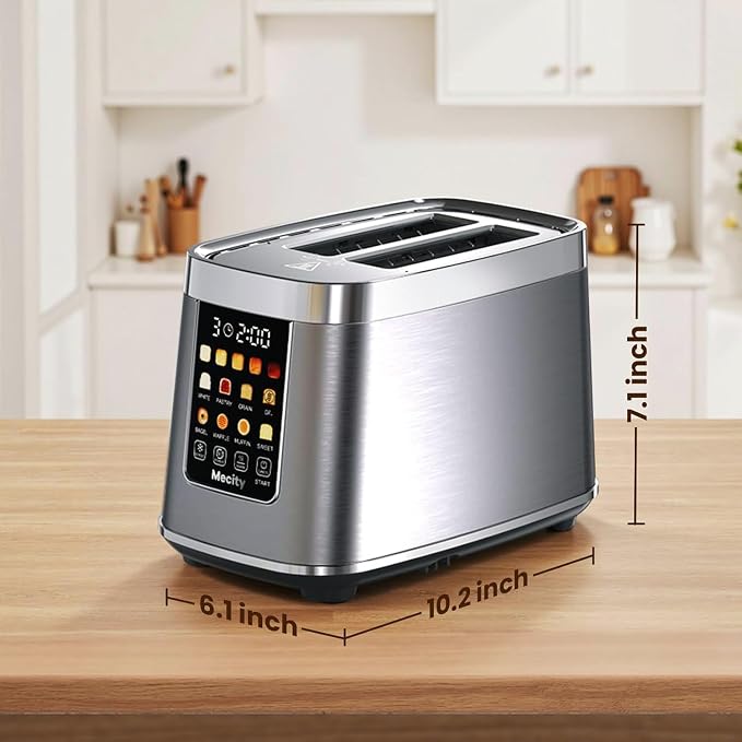 Mecity Motorized Toaster 2 Slice with Touch Screen, Stainless Steel Smart Toaster, 8 Bread Types, 5 Shade Levels, 1200W High Power, Keep Warm Mode, Reheat Defrost Functions, 120V