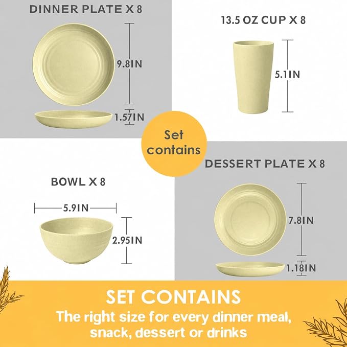 Teivio 32-Piece Plates and Bowls Sets for 8, Light Beige Dinnerware Sets | 13.5oz Cups, Plastic Wheat Straw Unbreakable Dish Set, Dishwasher Safe, for Outdoor Camping RV Apartment Essentials Plate Set