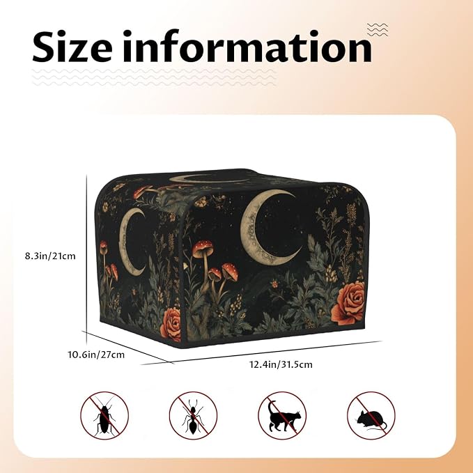 4 Slice Toaster Cover Botanical Flower Moon Vintage Dust Proof Washable Kitchen Appliance Cover with Pocket, Oxford Fabric Countertop Toaster Protector for Standard Toasters Small Appliances