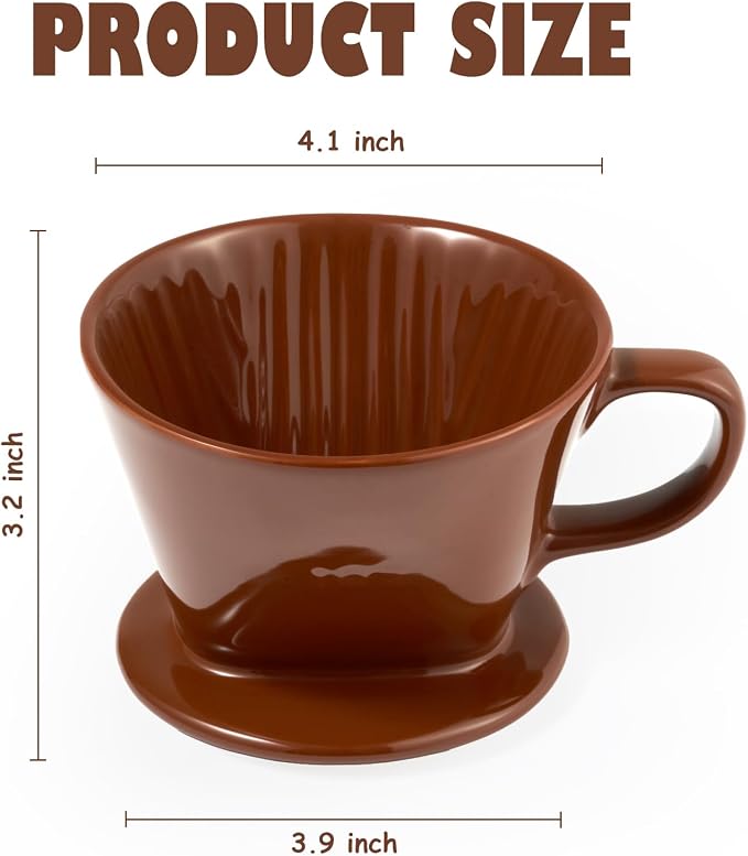 Pour Over Coffee Dripper, Ceramic Pour Over Coffee Maker, Brown | 3 Holes Flat Bottom, Easy Manual Brew Maker, Porcelain Slow Filter Cone for Travel, Camping, Office, Home
