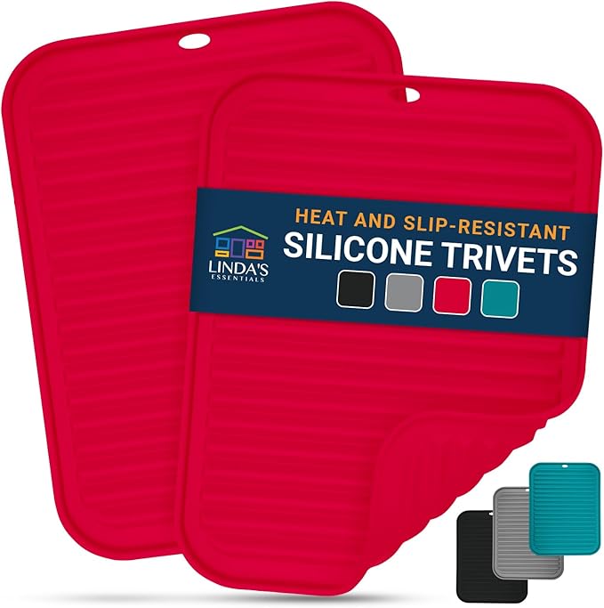 Silicone Trivets for Hot Dishes, Pots, Pans (2 Pack) - Heat-Resistant Pot Holders for Kitchen Countertop Mats - Silicone Trivet Mat (9 x 12 Inch) - Multipurpose Counter Pads (Red)