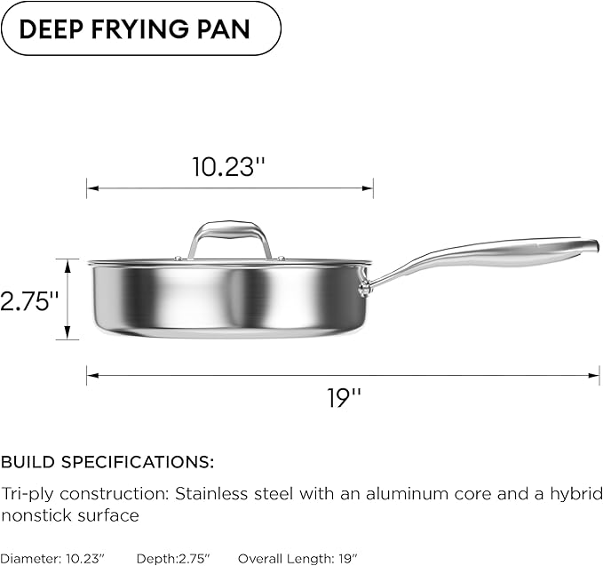 COOKER KING 3.6Qt Hybrid Sauté Pan w/Lid, Nonstick Deep Skillet for Frying | Non-Toxic Coating, Dishwasher & Oven Safe, Induction Ready, Stay-Cool Handle, 3-Ply Stainless Steel Clad for Fast Heat